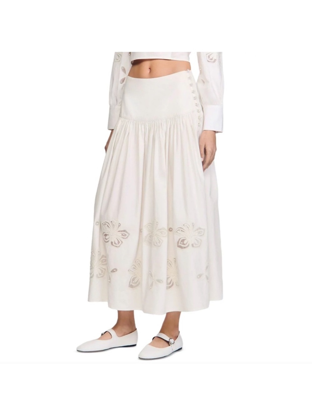 Sandro New White Embroidered Midi Skirt with pearls. Size 38/US 6.